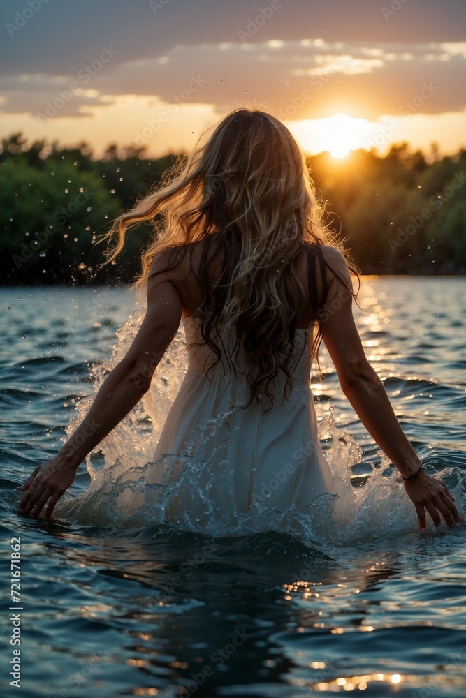 woman bathing in a lake with a white dress on a sunset woman bathing in a lake with a white dress on a sunset