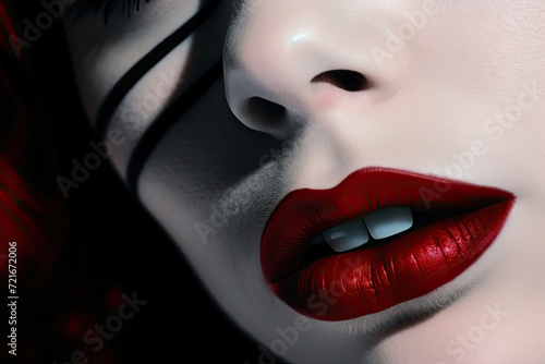  Close-up of Woman s Lips with Red Lipstick Holding a Pill Between Teeth