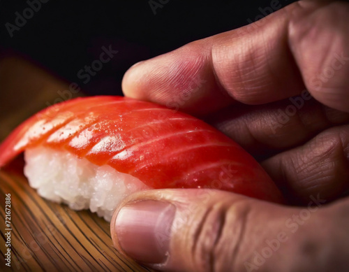 寿司職人の熟練の技 - マグロのにぎり寿司の美しさを際立たせる