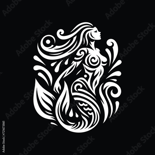 modern tribal tattoo mermaid, abstract line art of mythological creatures, fantasy, minimalist contour. Vector