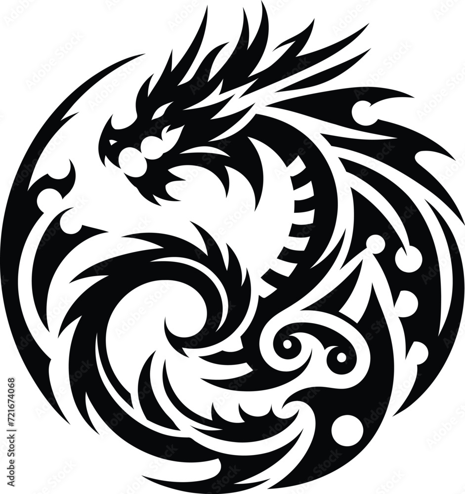 modern tribal tattoo dragon, fantasy, abstract line art of mythology creature, minimalist contour. Vector