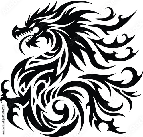 modern tribal tattoo dragon, fantasy, abstract line art of mythology creature, minimalist contour. Vector