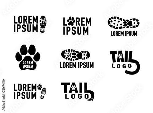 Outdoor activity dog paw companion, walking vector logo. Camping, hiking pet logo. Dog and cat tail. Active lifestyle with pets. Exercise with pets.