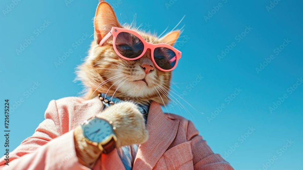 An Orange Cat wearing a pink coat suit with pink sunglasses and a tie, wearing a watch, an outdoor cat luxury fashion businessman/fashion designer portrait, isolated on a blue sky background
