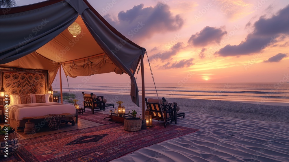Sunset Serenity at High-End Safari Tent on Secluded Beach