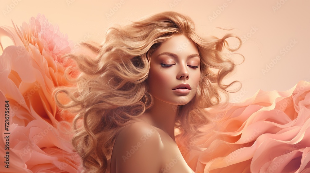 Portrait of a beautiful young woman with long curly hair in pink dress Portrait of a beautiful young woman with long curly hair in pink dress