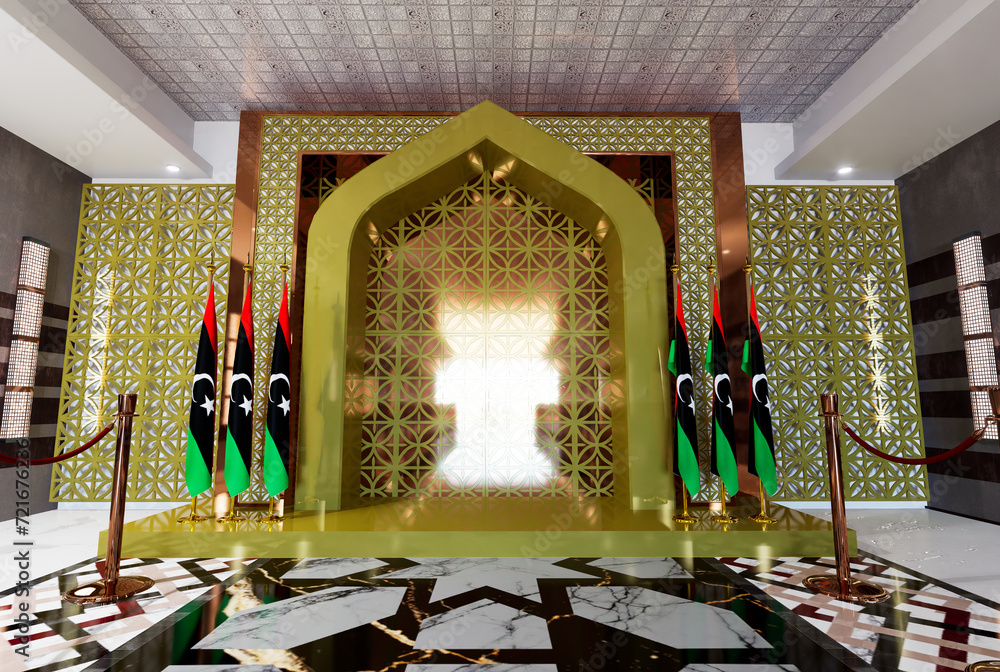 libya flag beside a golden arc door, independence day concept, 3D render - obrazy, fototapety, plakaty 