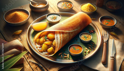 a glamorous image of Masala Dosa: A South Indian dish featuring a thin, crispy crepe made from fermented rice and lentil batter, filled with spiced potatoes. photo
