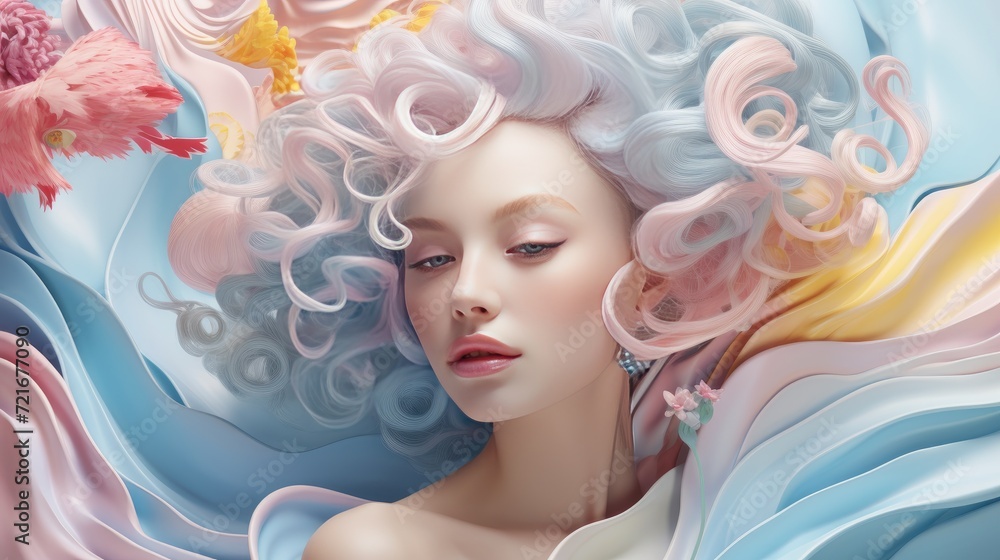 Beautiful blonde woman with wavy hair and colorful makeup, beauty salon design Beautiful blonde woman with wavy hair and colorful makeup, beauty salon design