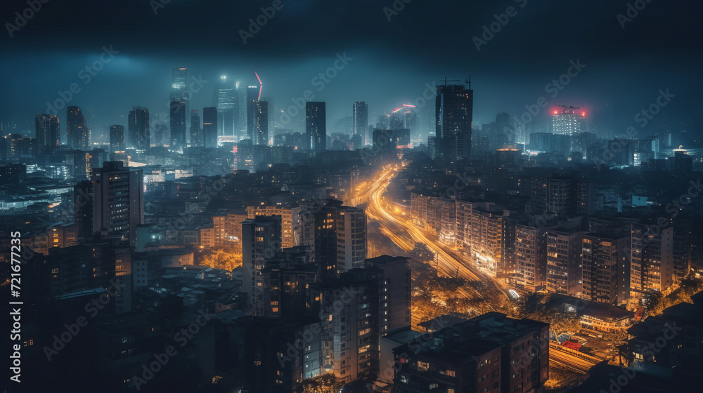 Captivating Evening View: Majestic Skyline Illuminated by City Lights, generative AI