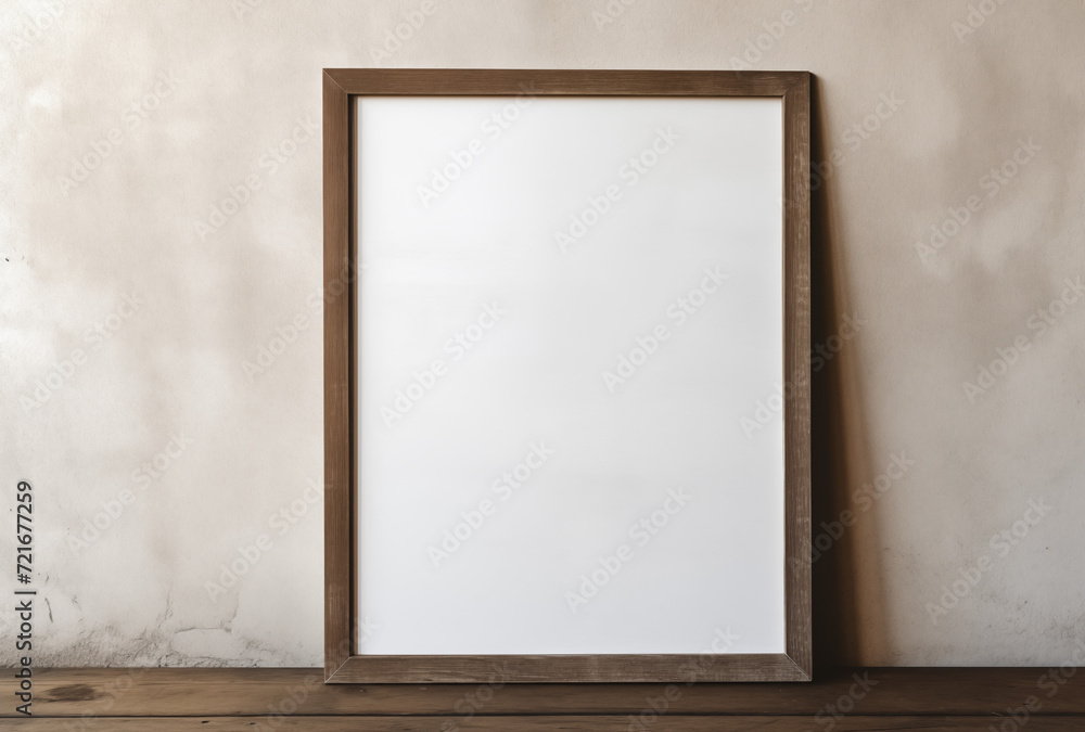 Wooden frame mockup up on a white wall, and wooden floor, Interior poster mockup Wooden frame mockup up on a white wall, and wooden floor, Interior poster mockup
