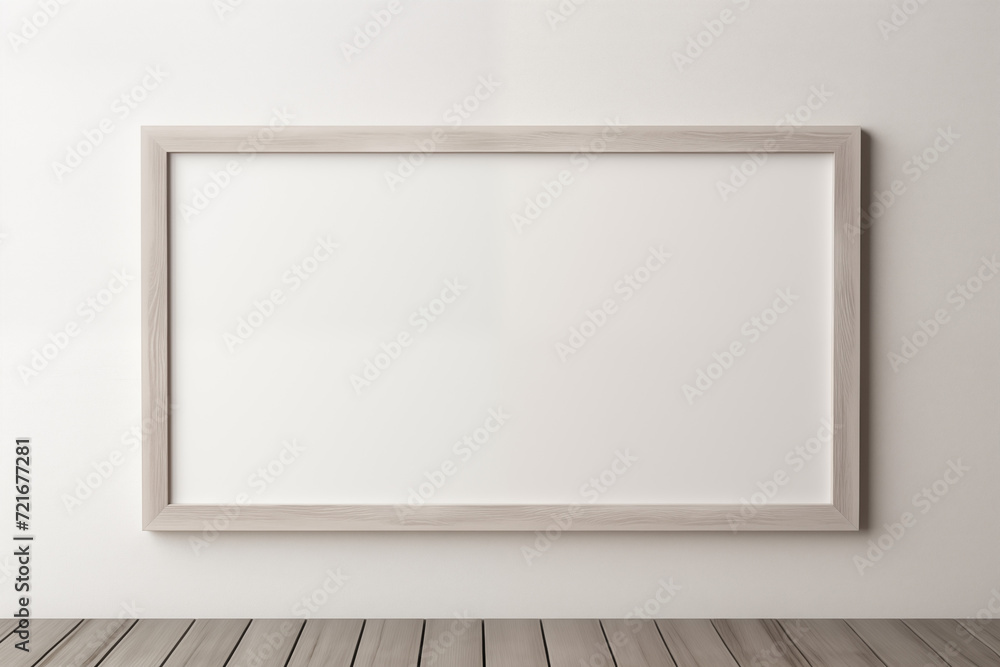 Wooden frame mockup up on a white wall, and wooden floor, Interior poster mockup