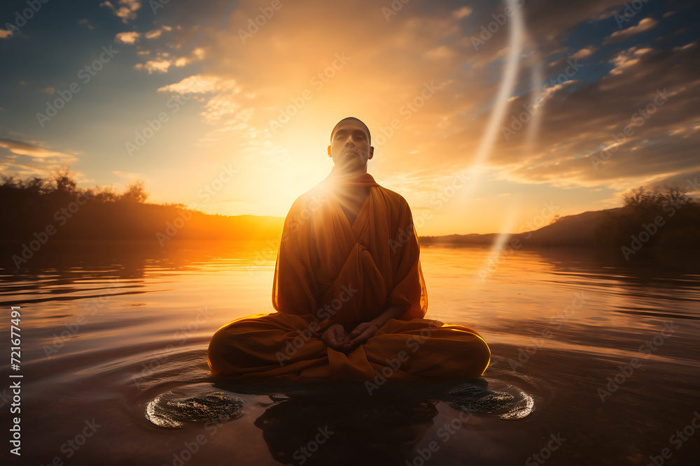 Buddhist monk meditating on the river bank during sunset.