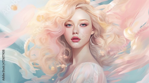 Beautiful blonde woman with wavy hair and colorful makeup  beauty salon design