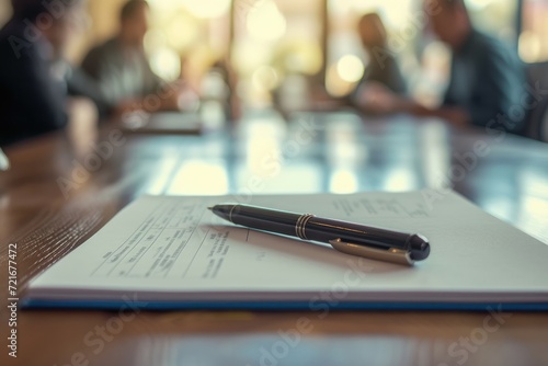 Pen and Documents on a Meeting Table - Featuring Contracts, Notepad, and Papers, Establishing a Corporate and Professional Office Setting.