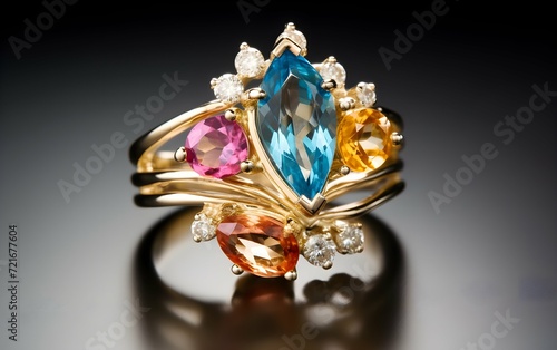 golden jewelry ring with colorful stones
