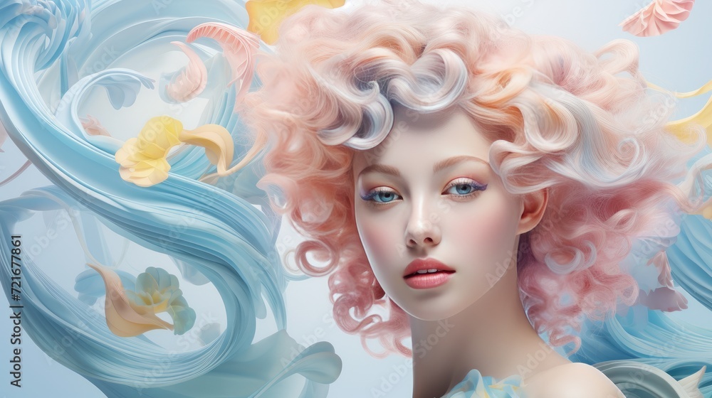 Beautiful blonde woman with wavy hair and colorful makeup, beauty salon design Beautiful blonde woman with wavy hair and colorful makeup, beauty salon design
