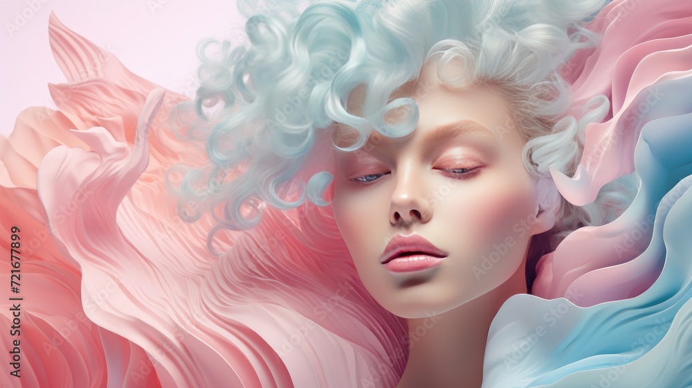 Beautiful blonde woman with wavy hair and colorful makeup, beauty salon design Beautiful blonde woman with wavy hair and colorful makeup, beauty salon design