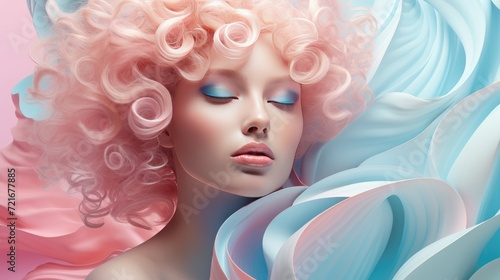 Beautiful blonde woman with wavy hair and colorful makeup, beauty salon design
