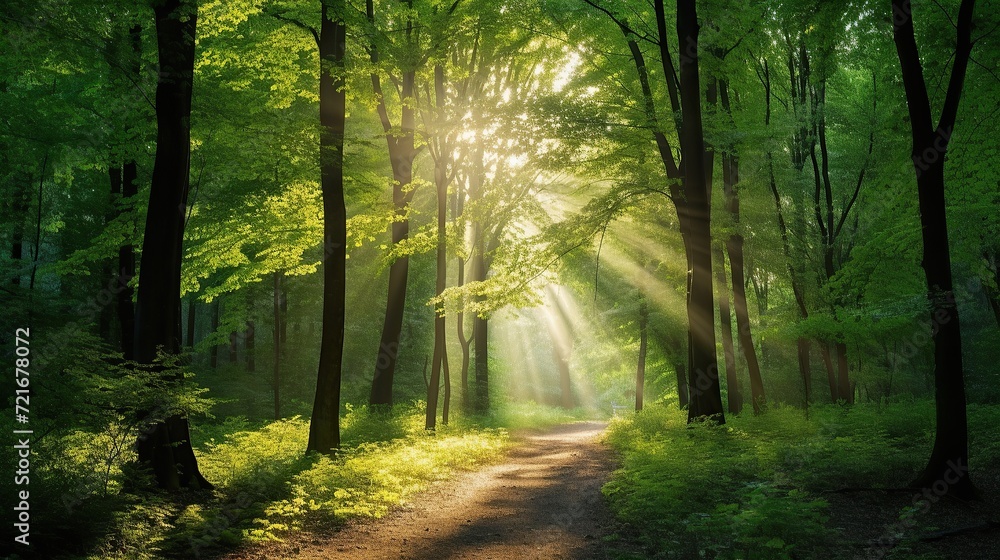 Fototapeta premium Forest landscape, Beautiful sunlight in green forest