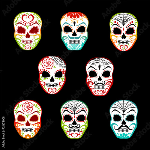 Set of colorful sugar skull isolated on white background. Day of the dead - Dia de los muertos.