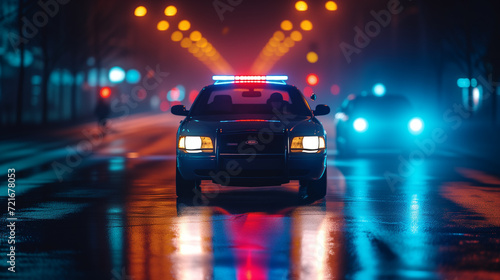 A Generic Police Car Sits on a Road at Night photo