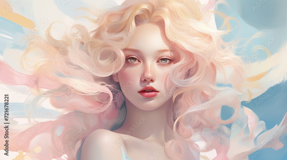 Naklejka premium Beautiful blonde woman with wavy hair and colorful makeup