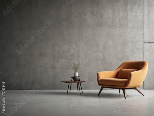 Empty bare cement wall with modern armchair. Minimalist interior design. photo