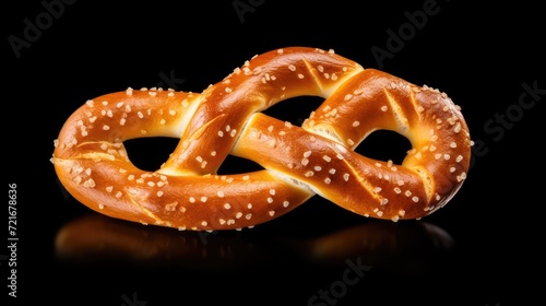 perfectly baked golden pretzel closeup, isolated black background