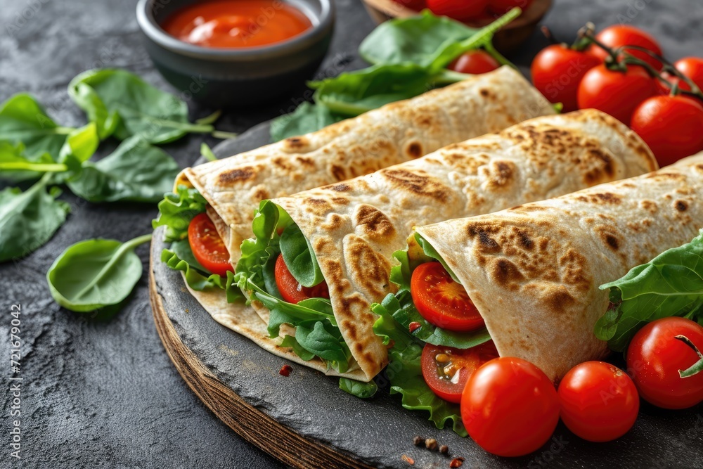 Delicious Vegan Wrap: Conceptual Image of a Healthy and Tasty Vegan Wrap on a Plain Pastel Background, Displaying Fresh and Colorful Ingredients, with Copy Space for Text.
Delicious Vegan Wrap: Conceptual Image of a Healthy and Tasty Vegan Wrap on a Plain Pastel Background, Displaying Fresh and Colorful Ingredients, with Copy Space for Text.