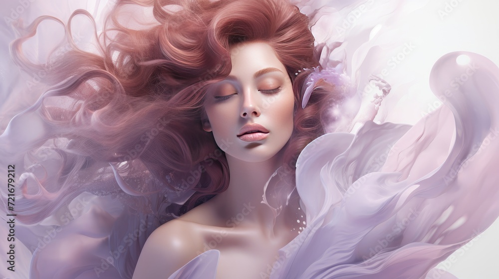 Beautiful young woman with curly rose gold hair. Portrait of a beautiful girl with flying hair Beautiful young woman with curly rose gold hair. Portrait of a beautiful girl with flying hair