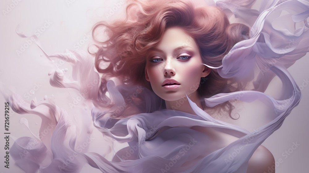 Beautiful young woman with curly rose gold hair. Portrait of a beautiful girl with flying hair Beautiful young woman with curly rose gold hair. Portrait of a beautiful girl with flying hair