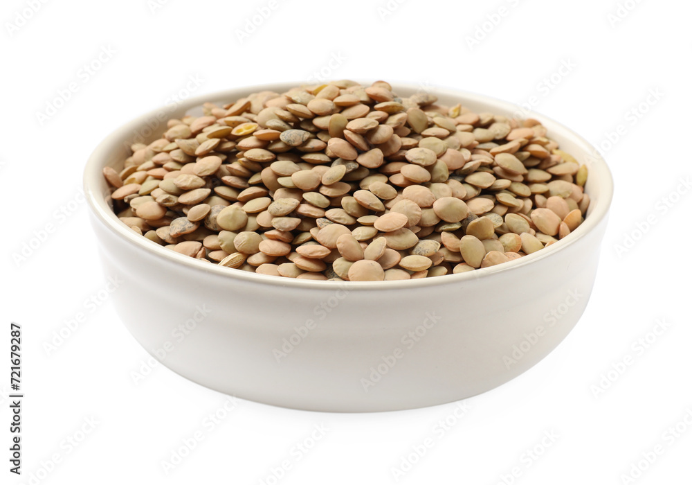 Raw lentils in bowl isolated on white Raw lentils in bowl isolated on white