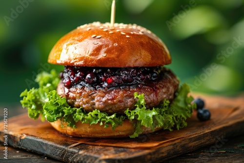 Rustic Delight: Sink Your Teeth into a Venison Burger with Blueberry Compote, Presented on a Wooden Serving Platter for a Homely Gourmet Experience.