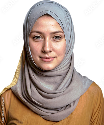 A woman smiles wearing a hijab (ID: 721679227)