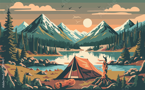 Camping in nature near mountains, landscape illustration