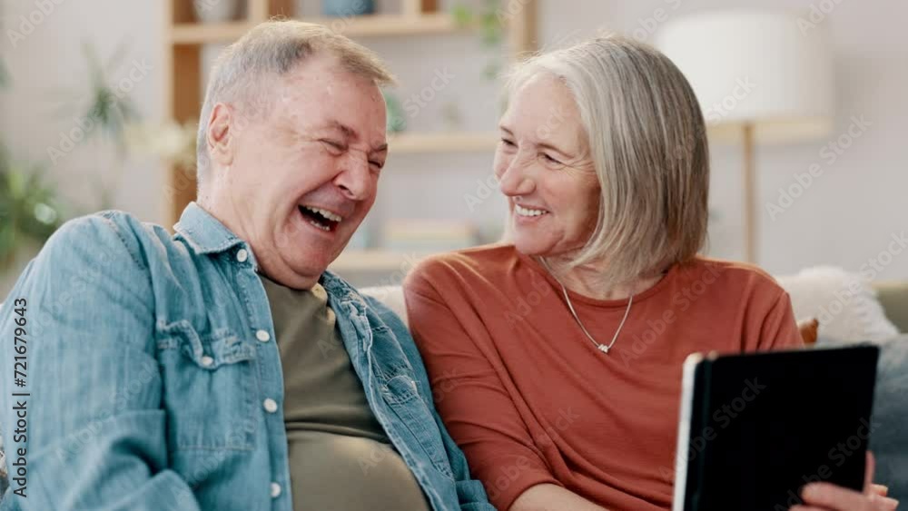 Senior couple, tablet and laughing for funny meme on social media, app and streaming comedy at home. Happy elderly people, technology and website or blog for online comic, bonding and love for humor Senior couple, tablet and laughing for funny meme on social media, app and streaming comedy at home. Happy elderly people, technology and website or blog for online comic, bonding and love for humor