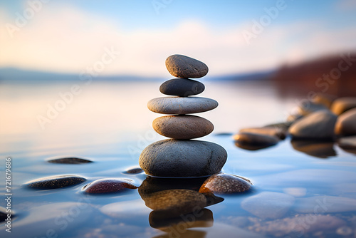Stack of pebbles on the sea coast. Zen background.