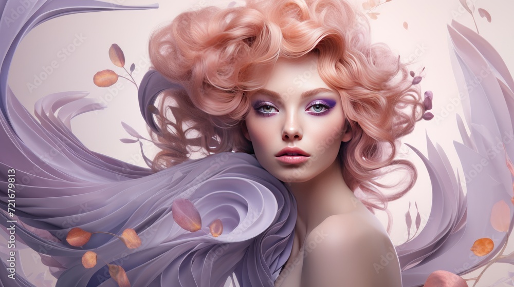 Beautiful young woman with curly rose gold hair. Portrait of a beautiful girl with flying hair
