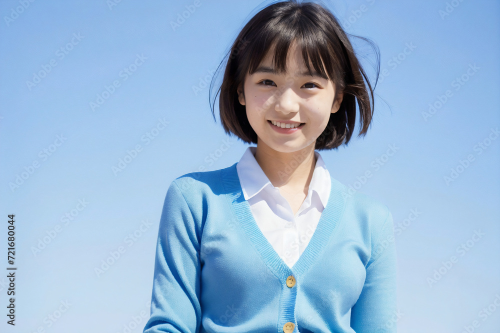 青空をバックに健康的に微笑む女子高生 青空をバックに健康的に微笑む女子高生
