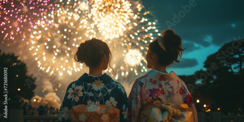 Photo of young Japanese women in yukata looking up at fireworks