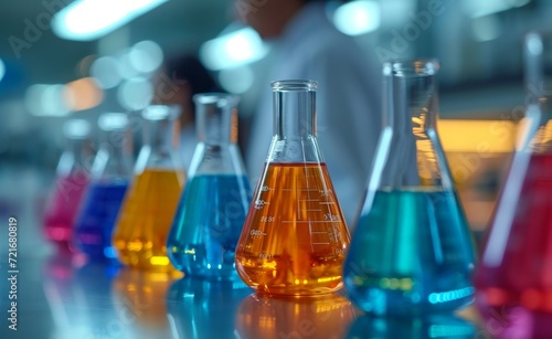 Different colored liquids in a laboratory. 
