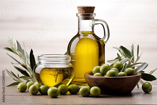 Glass bottle of olive oil and green olives in bowl.