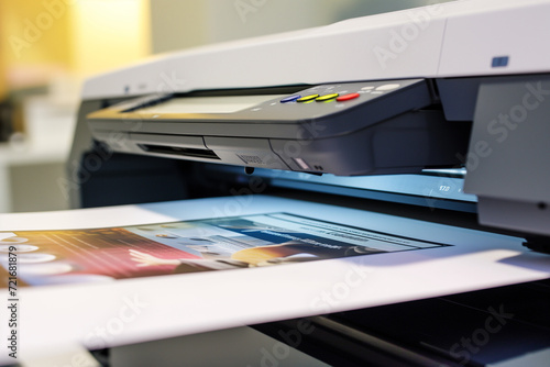 Printer on a desk with paper. Office equipment for document printing and copying. Modern laser or inkjet printer.
