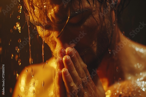 Praying prayers to God, supplications to Christ, a man prays in the rain and with tears for Jesus seeking solace