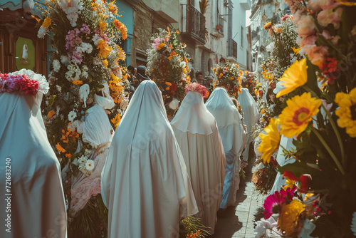 Christian procession during Holy Week, Penitents and Nazarenes celebrating Easter, flowers and white tunics to celebrate faith in a small town photo