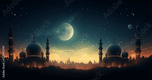Beautiful sunset over the mosque. Ramadan Kareem. Muslim holiday. generative ai photo