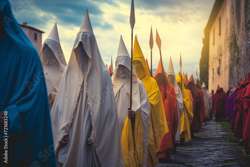 Penitents and Nazarenes in colors, Holy Week procession for Christian Easter, parading in line through a religious town photo