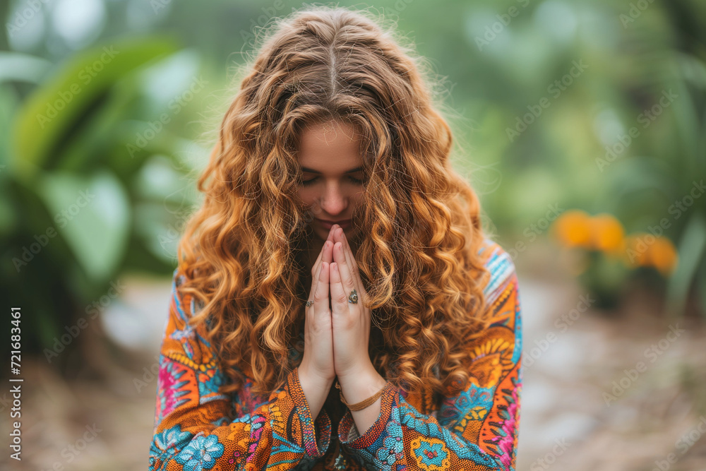 Praying prayers to God, supplications to Christ, a woman prays in nature asking Jesus for love and health - obrazy, fototapety, plakaty 