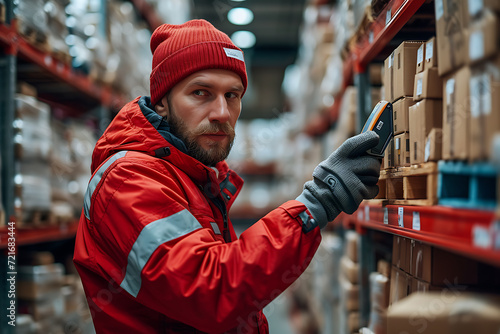 warehouse worker scanning boxes on shelf 